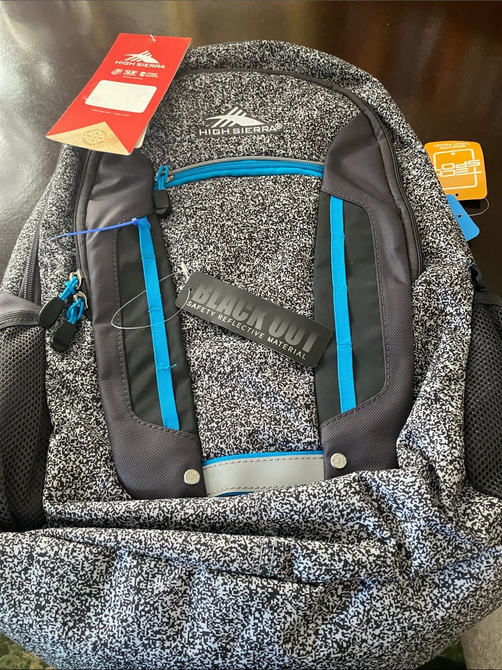 High Sierra Black and Gray Speckle Backpack with Blue Trim